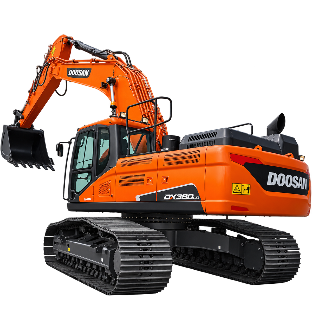Orange Doosan DX380LC-5 excavator with black steel tracks, enclosed cab, hydraulic boom, black digging bucket, and rear engine counterweight on a transparent background.