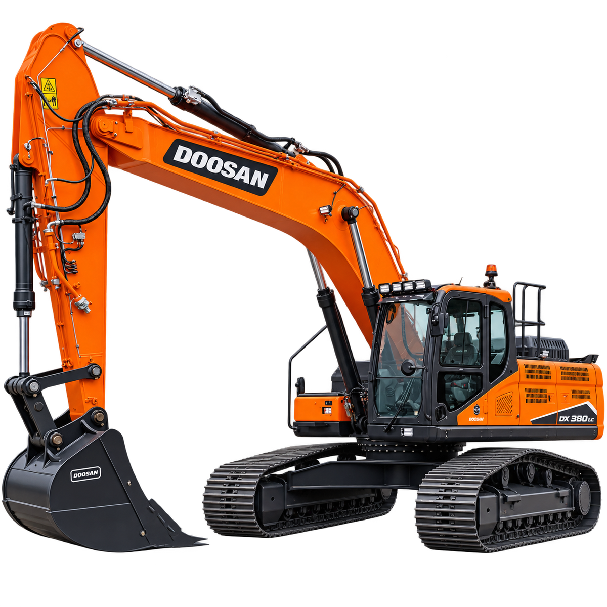Orange Doosan DX380LC-7 excavator with black steel tracks, dark gray digging bucket, enclosed cab with tinted windows, hydraulic boom, and dark gray undercarriage on a transparent background.
