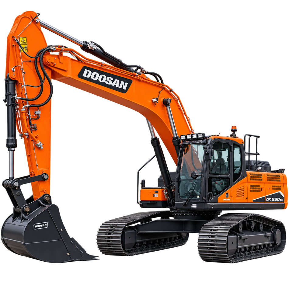 Orange Doosan DX380LC-7 excavator with black steel tracks, dark gray digging bucket, enclosed cab with tinted windows, hydraulic boom, and dark gray undercarriage on a transparent background.