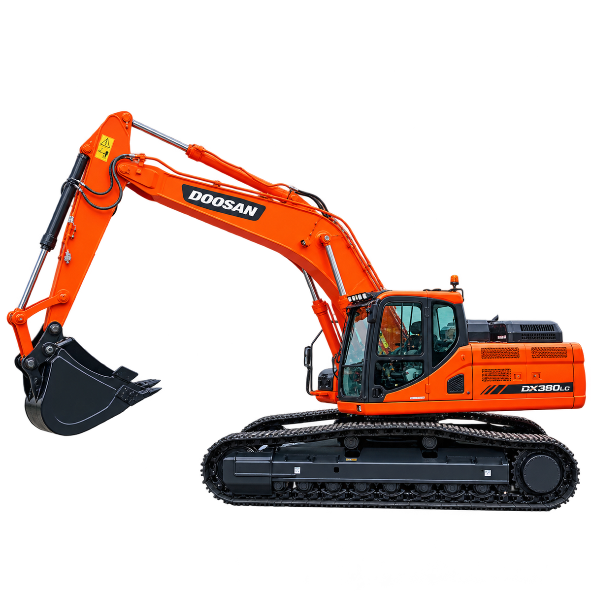 Doosan DX380LC excavator with black tracks, black digging bucket, enclosed cab, hydraulic boom, and dark gray undercarriage on a transparent background.