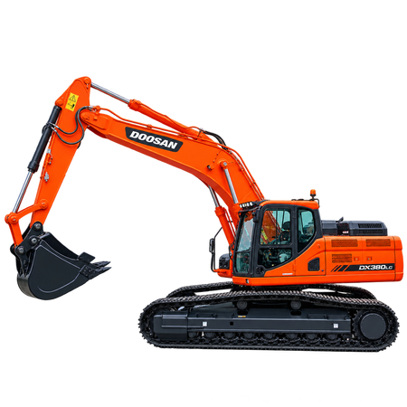 Doosan DX380LC excavator with black tracks, black digging bucket, enclosed cab, hydraulic boom, and dark gray undercarriage on a transparent background.