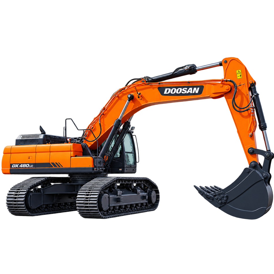 Orange Doosan DX480LC excavator with black steel tracks, dark gray digging bucket, hydraulic boom, enclosed cab with tinted windows, and dark gray undercarriage on a transparent background.