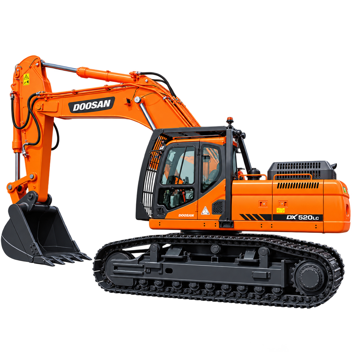 Orange Doosan DX520LC excavator with black steel tracks, dark gray digging bucket, protective cab guard, enclosed cab with tinted windows, hydraulic boom, and dark gray undercarriage on a transparent background.