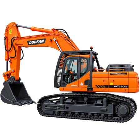 Orange Doosan DX520LC excavator with black steel tracks, dark gray digging bucket, protective cab guard, enclosed cab with tinted windows, hydraulic boom, and dark gray undercarriage on a transparent background.