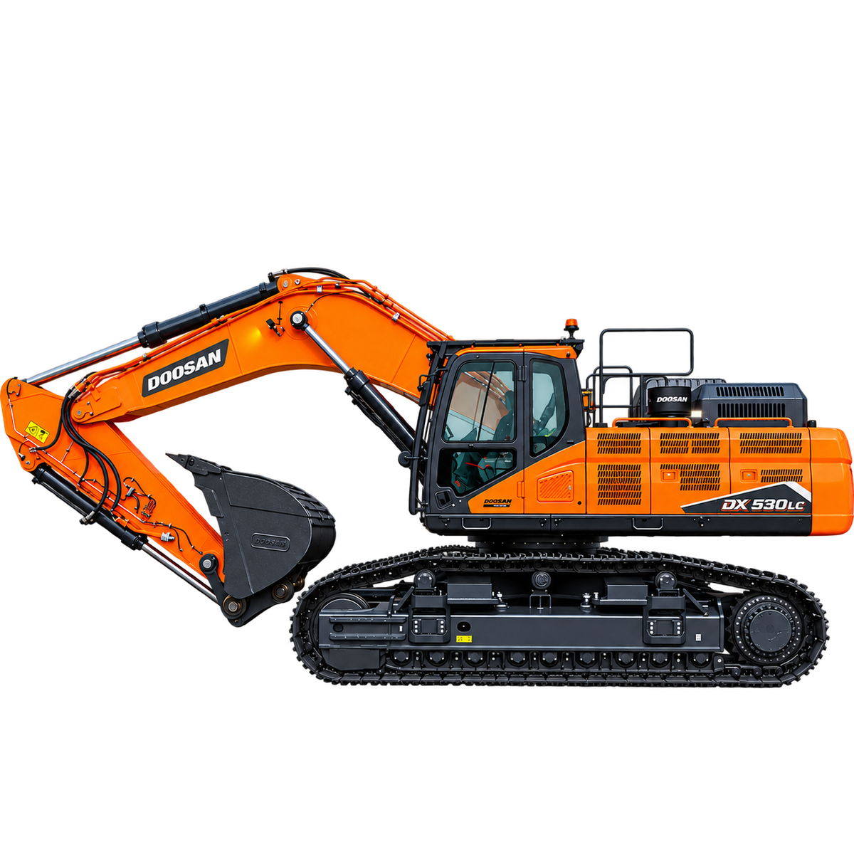 Orange Doosan DX530LC-3 crawler excavator with black steel tracks, dark gray digging bucket, enclosed cab with tinted windows, hydraulic boom, and black undercarriage on a transparent background.