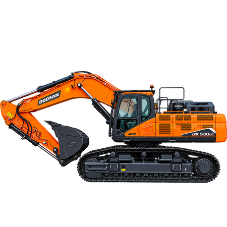 Orange Doosan DX530LC-3 crawler excavator with black steel tracks, dark gray digging bucket, enclosed cab with tinted windows, hydraulic boom, and black undercarriage on a transparent background.