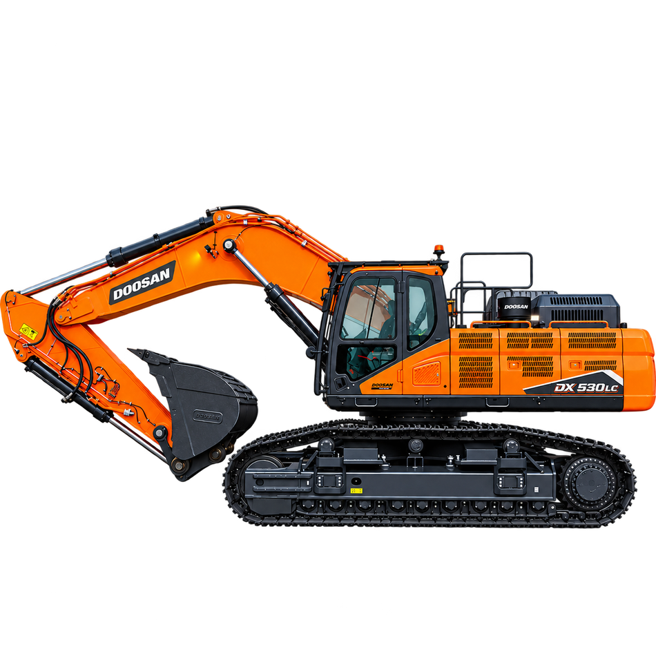 Orange Doosan DX530LC-3 crawler excavator with black steel tracks, dark gray digging bucket, enclosed cab with tinted windows, hydraulic boom, and black undercarriage on a transparent background.