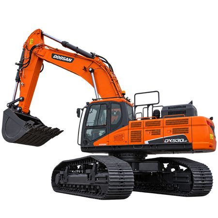 Orange Doosan DX530LC-5 crawler excavator with black steel tracks, enclosed cab, long hydraulic boom, and large black digging bucket on a transparent background.