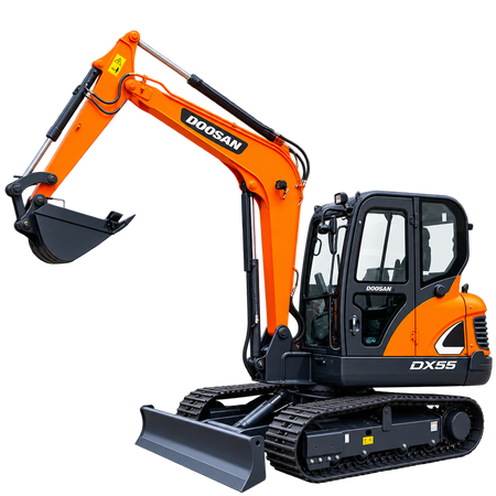 Orange Doosan DX55 mini excavator with black rubber tracks, enclosed cab, black digging bucket, front dozer blade, hydraulic boom, and dark gray undercarriage on a transparent background.