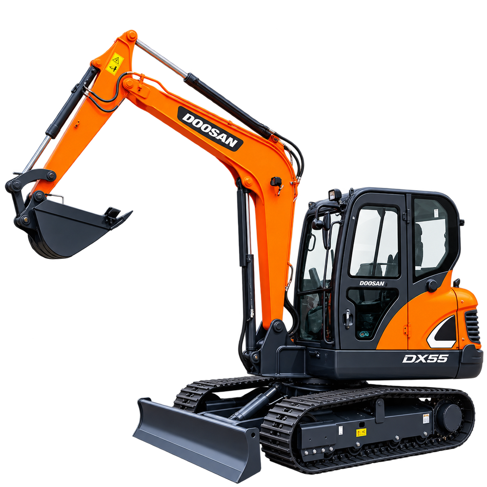 Orange Doosan DX55 mini excavator with black rubber tracks, enclosed cab, black digging bucket, front dozer blade, hydraulic boom, and dark gray undercarriage on a transparent background.