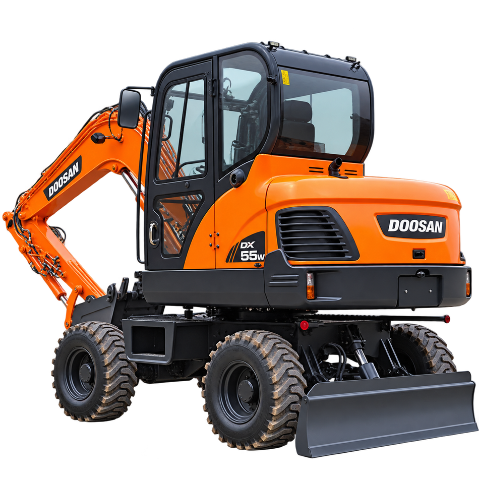 Orange Doosan DX55W wheeled excavator with four rugged rubber tires, black enclosed cab with tinted windows, dark gray front dozer blade, hydraulic boom, and black undercarriage on a transparent background.