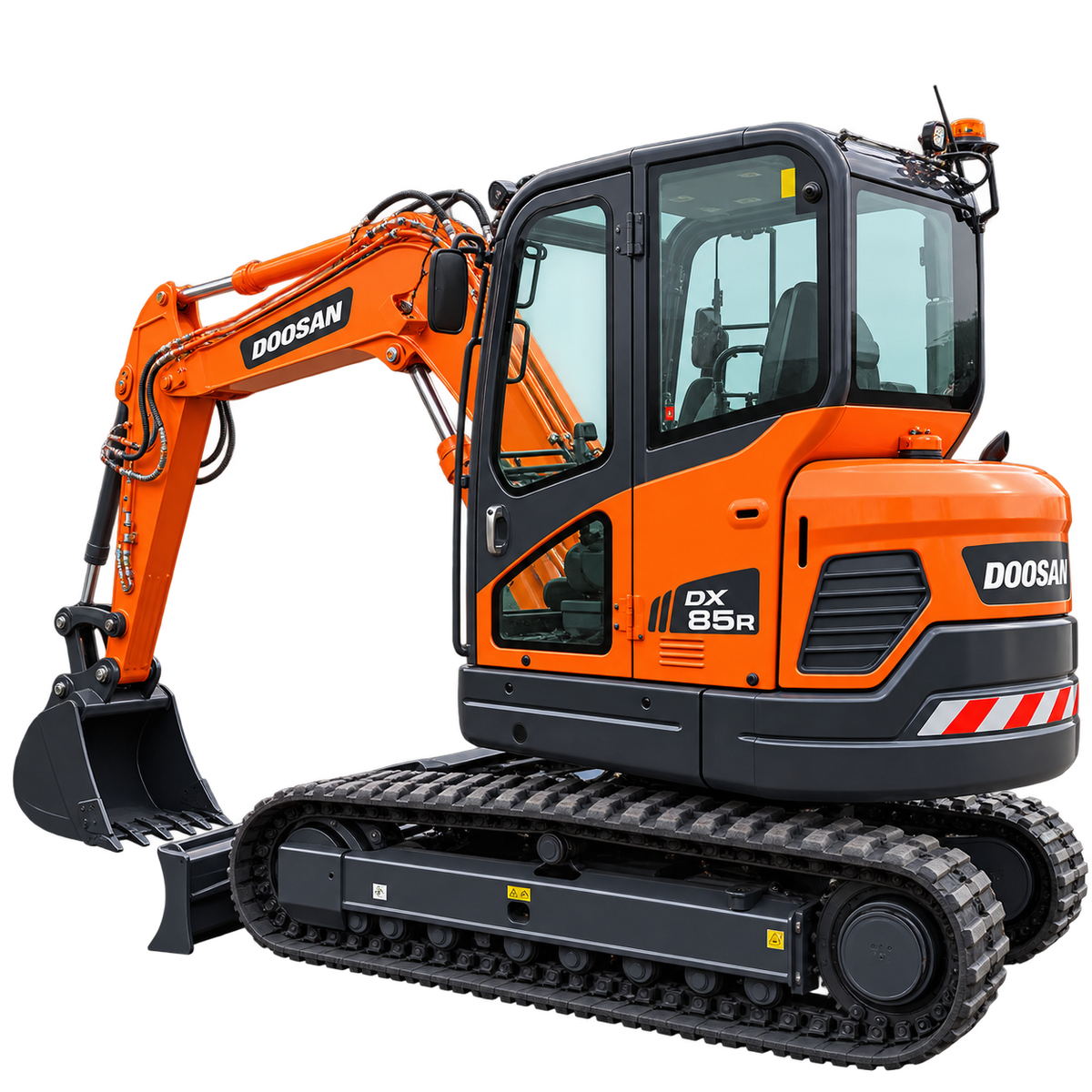 Orange Doosan DX85R-3 excavator with black tracks, enclosed cab, black bucket, and front blade on a transparent background.