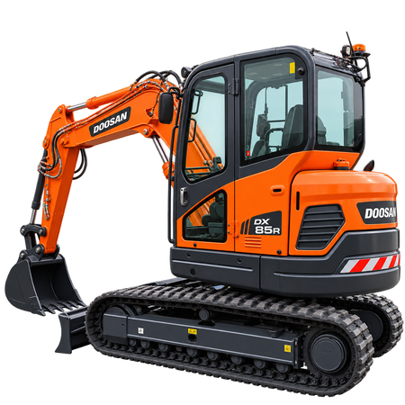 Orange Doosan DX85R-3 excavator with black tracks, enclosed cab, black bucket, and front blade on a transparent background.