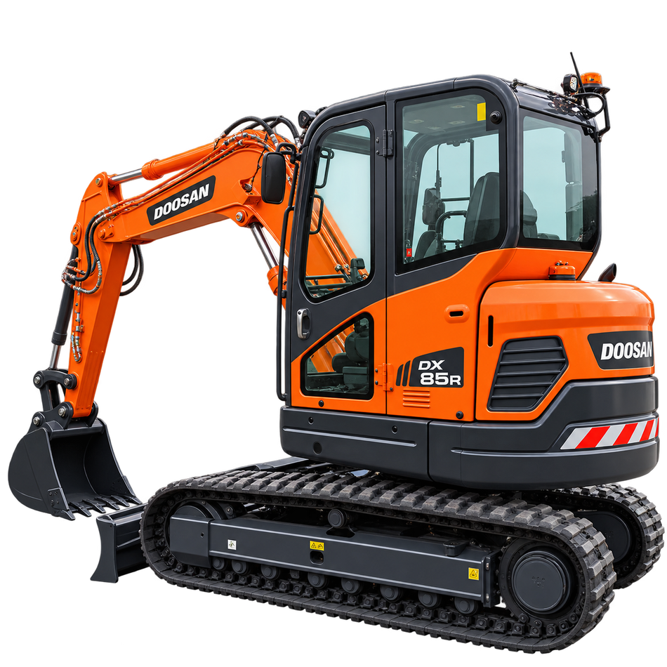 Orange Doosan DX85R-3 excavator with black tracks, enclosed cab, black bucket, and front blade on a transparent background.