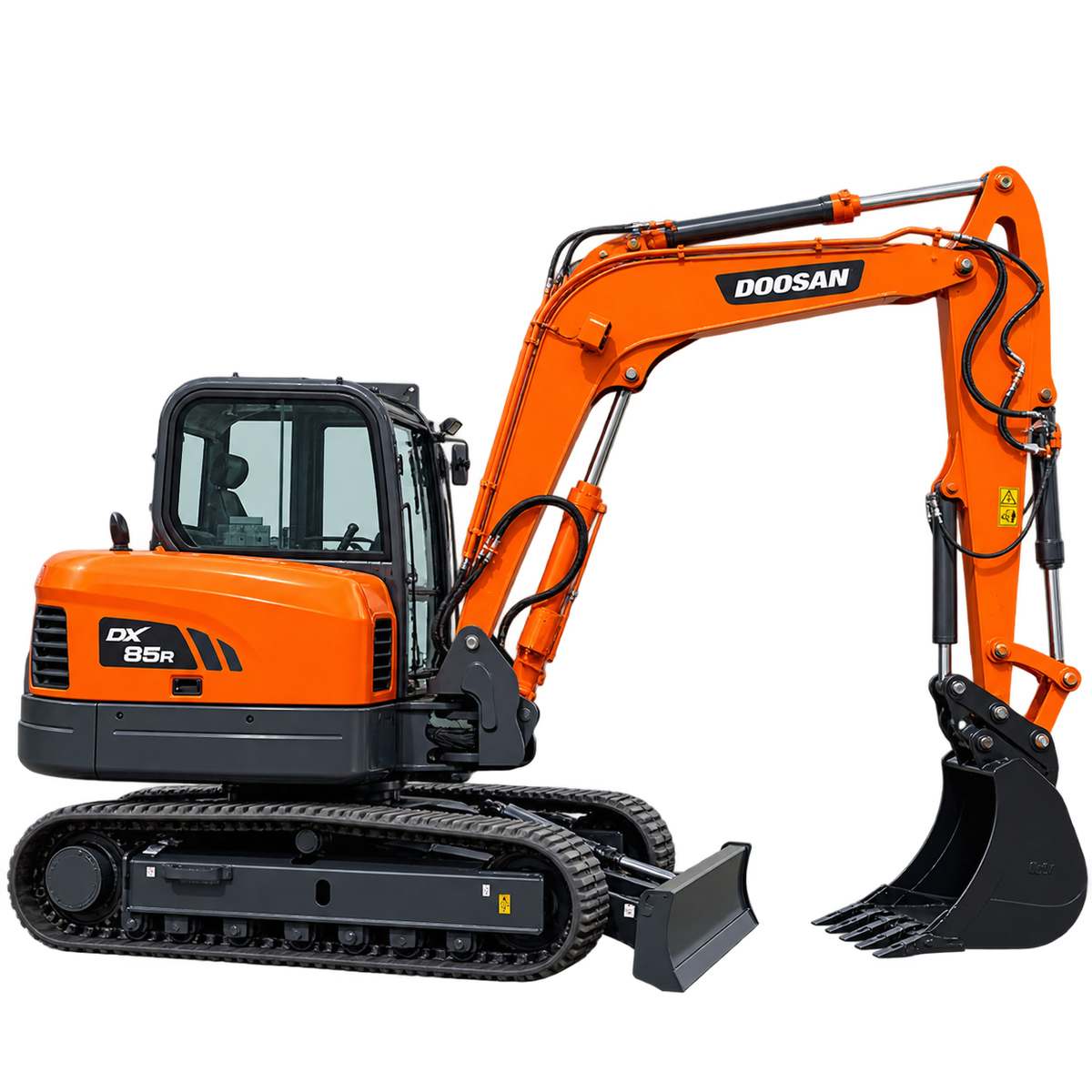Orange Doosan DX85R-3 excavator with black tracks, enclosed cab, black bucket, and front blade on a transparent background.