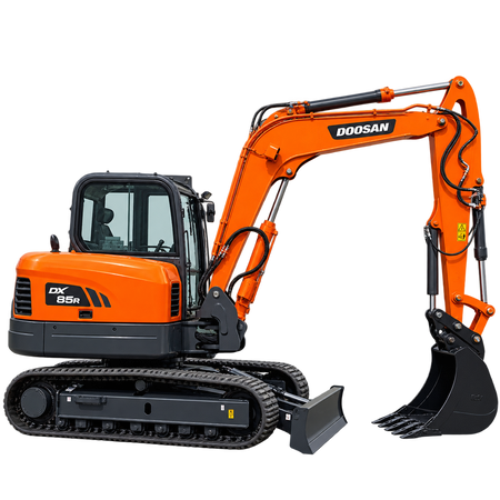 Orange Doosan DX85R-3 excavator with black tracks, enclosed cab, black bucket, and front blade on a transparent background.