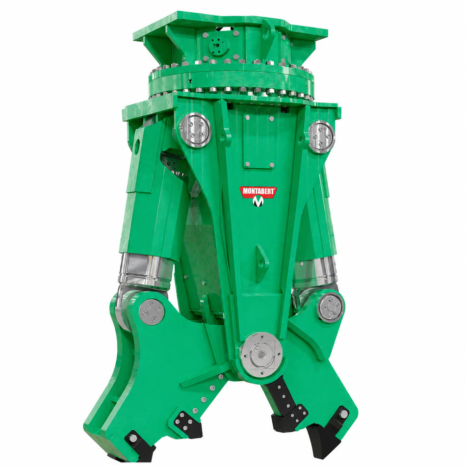 Green Montabert HCM 650 S Multiprocessor with silver hydraulic cylinders and black jaw tips on a white background