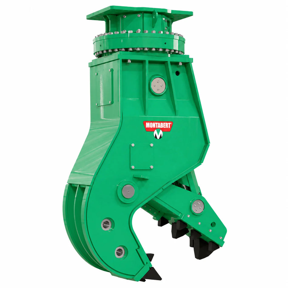 Green Montabert HCP 850 R rotating pulverizer with silver hydraulic cylinders and black crushing jaws on a white background