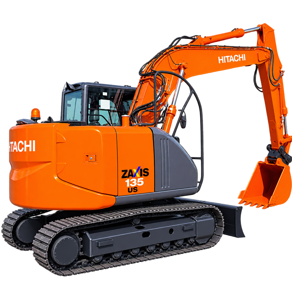 Orange Hitachi ZX135US-3 excavator with black steel tracks, enclosed cab, rear engine housing, hydraulic boom, and orange digging bucket on a transparent background.