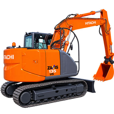 Orange Hitachi ZX135US-3 excavator with black steel tracks, enclosed cab, rear engine housing, hydraulic boom, and orange digging bucket on a transparent background.