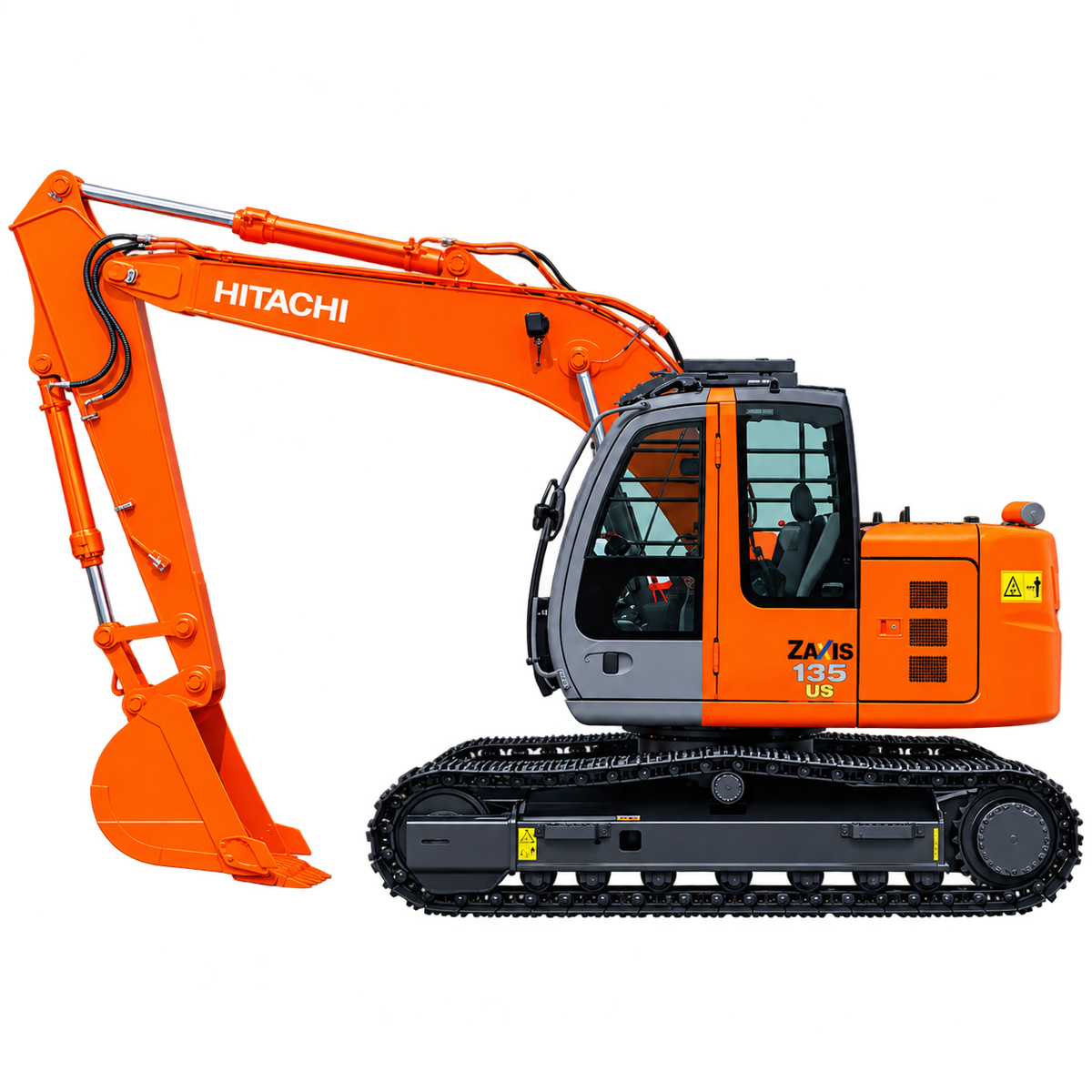 Orange Hitachi ZX135US excavator with black steel tracks, enclosed gray-and-black cab, orange hydraulic boom, and orange digging bucket on a transparent background.