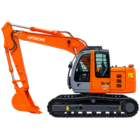 Orange Hitachi ZX135US excavator with black steel tracks, enclosed gray-and-black cab, orange hydraulic boom, and orange digging bucket on a transparent background.