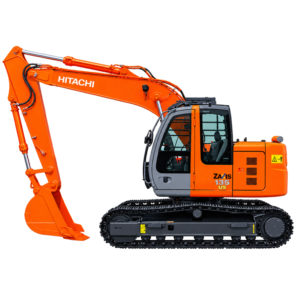 Orange Hitachi ZX135US excavator with black steel tracks, enclosed gray-and-black cab, orange hydraulic boom, and orange digging bucket on a transparent background.