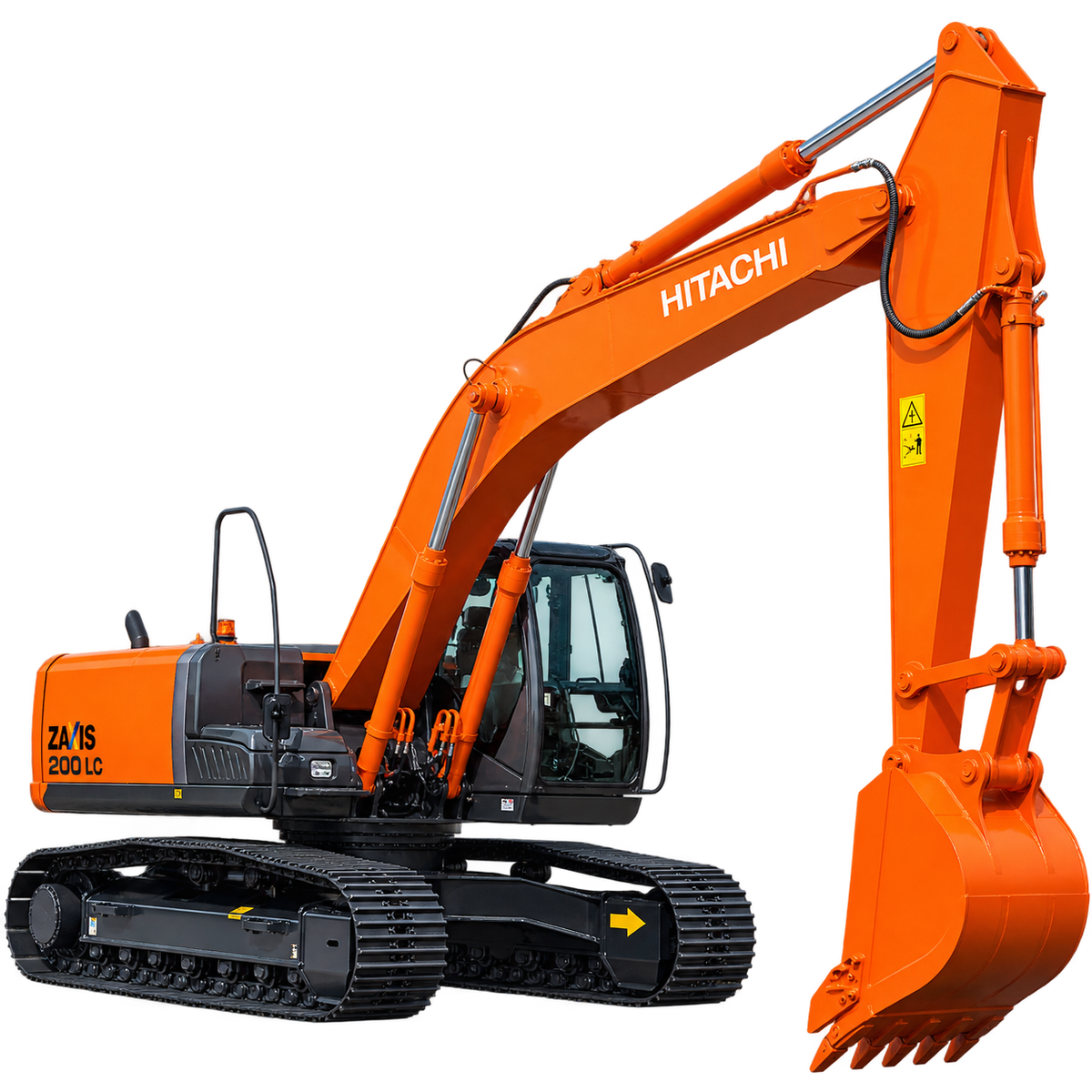 Orange Hitachi ZX200 LC-3 excavator with black tracks, orange bucket, enclosed cab, and hydraulic boom on a transparent background.