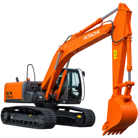 Orange Hitachi ZX200 LC-3 excavator with black tracks, orange bucket, enclosed cab, and hydraulic boom on a transparent background.