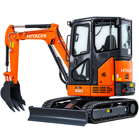 Orange Hitachi ZX26U-6 mini excavator with black rubber tracks, enclosed cab, front dozer blade, hydraulic boom, and black digging bucket on a transparent background.