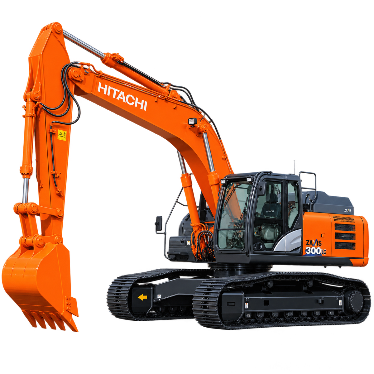 Orange Hitachi ZX300 LC-6 excavator with black tracks, orange bucket, and black cab on a white background.