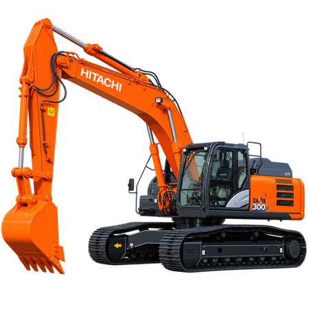 Orange Hitachi ZX300 LC-6 excavator with black tracks, orange bucket, and black cab on a white background.