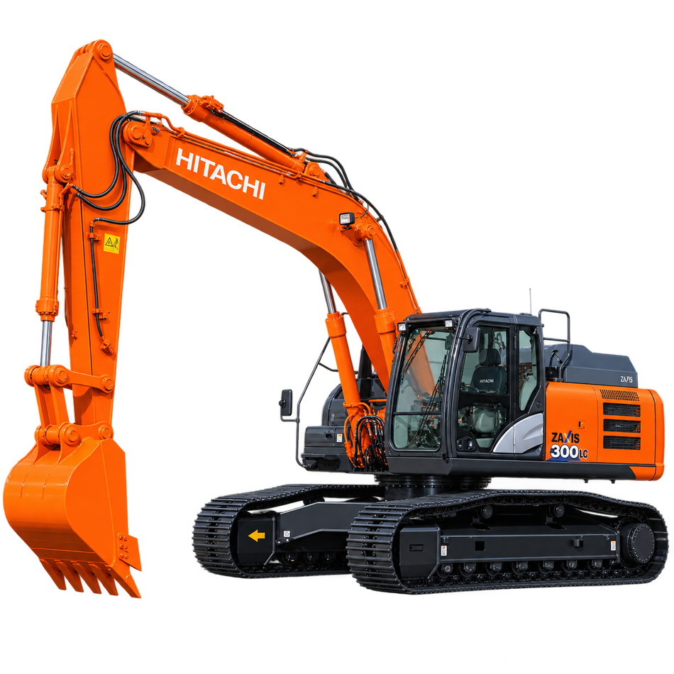 Orange Hitachi ZX300 LC-6 excavator with black tracks, orange bucket, and black cab on a white background.