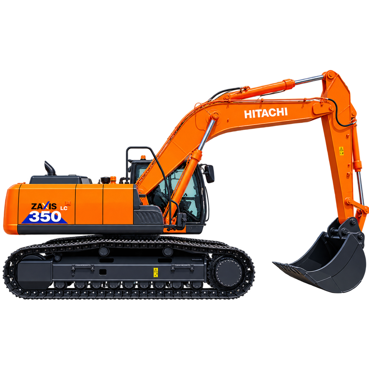 Orange Hitachi ZX350LC-3 excavator with black steel tracks, enclosed cab, long hydraulic boom, and black digging bucket on a transparent background.