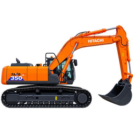 Orange Hitachi ZX350LC-3 excavator with black steel tracks, enclosed cab, long hydraulic boom, and black digging bucket on a transparent background.