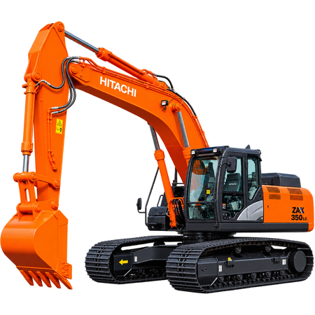 Orange Hitachi ZX350LC-5 excavator with black tracks, orange digging bucket, enclosed cab with tinted windows, hydraulic boom, and dark gray undercarriage on a transparent background.