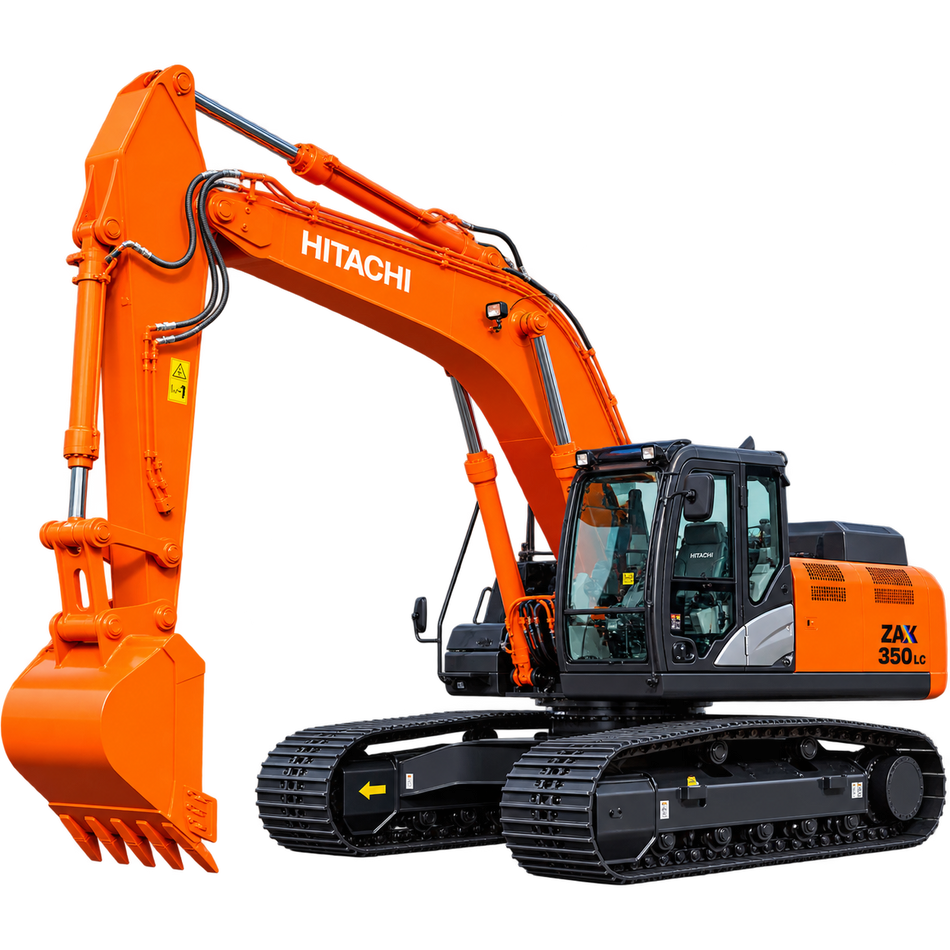 Orange Hitachi ZX350LC-5 excavator with black tracks, orange digging bucket, enclosed cab with tinted windows, hydraulic boom, and dark gray undercarriage on a transparent background.