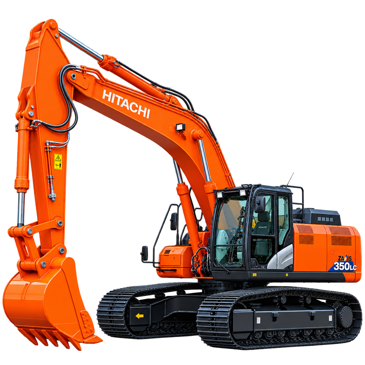 Orange Hitachi ZX350LC-6 excavator with black tracks, enclosed cab, orange digging bucket, and hydraulic boom on a transparent background.