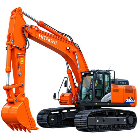 Orange Hitachi ZX350LC-6 excavator with black tracks, enclosed cab, orange digging bucket, and hydraulic boom on a transparent background.