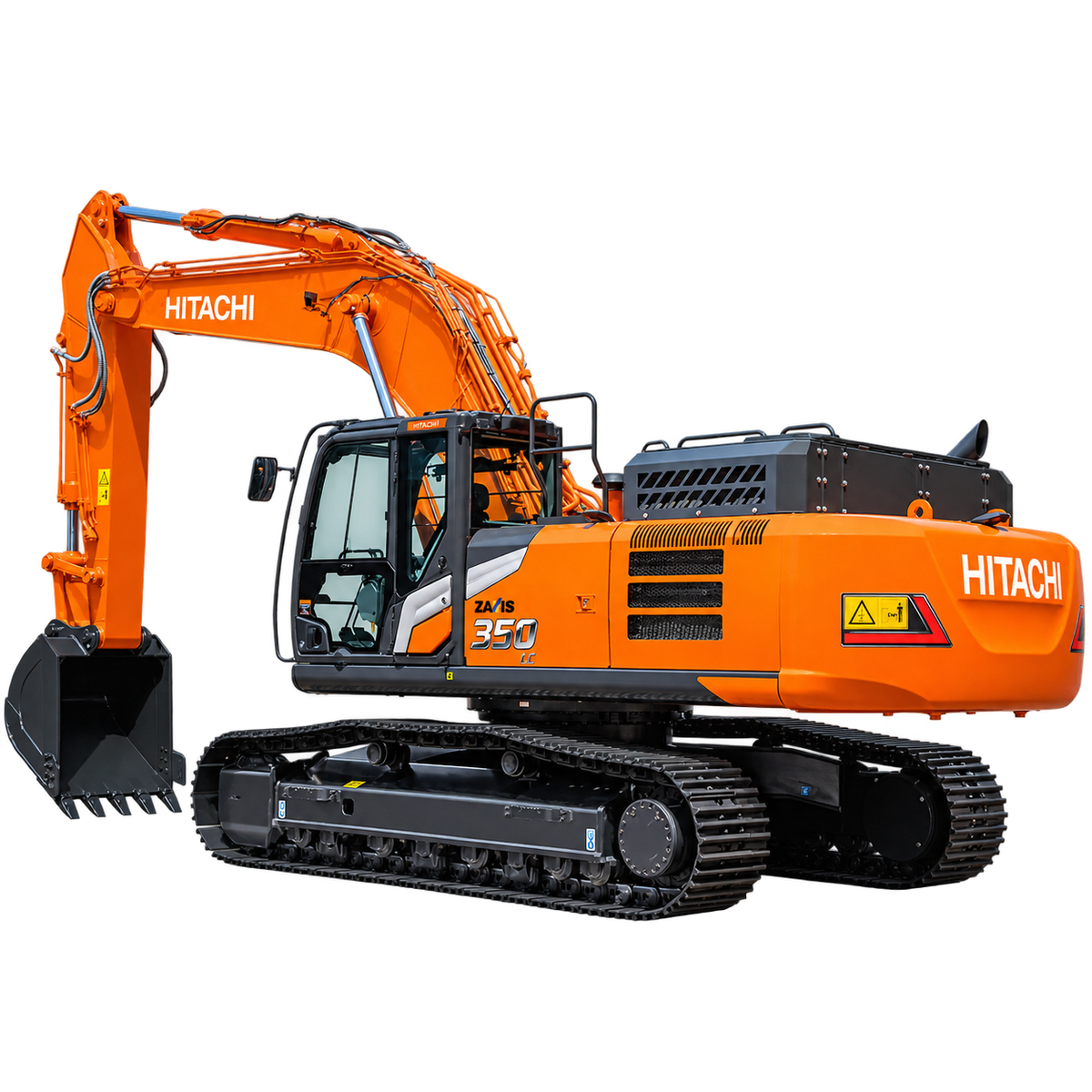 Orange Hitachi ZX350LC-7 tracked excavator with black tracks, enclosed cab, hydraulic boom, and black digging bucket on a transparent background.