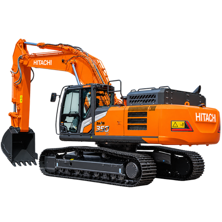 Orange Hitachi ZX350LC-7 tracked excavator with black tracks, enclosed cab, hydraulic boom, and black digging bucket on a transparent background.