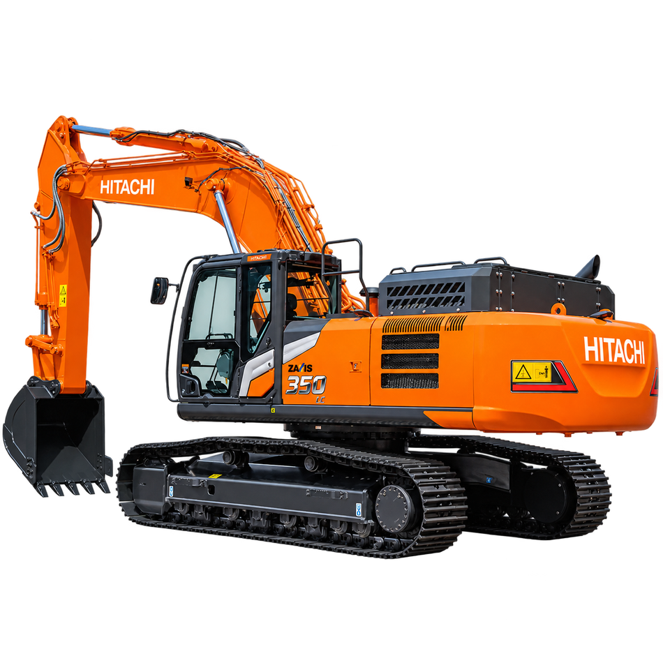 Orange Hitachi ZX350LC-7 tracked excavator with black tracks, enclosed cab, hydraulic boom, and black digging bucket on a transparent background.