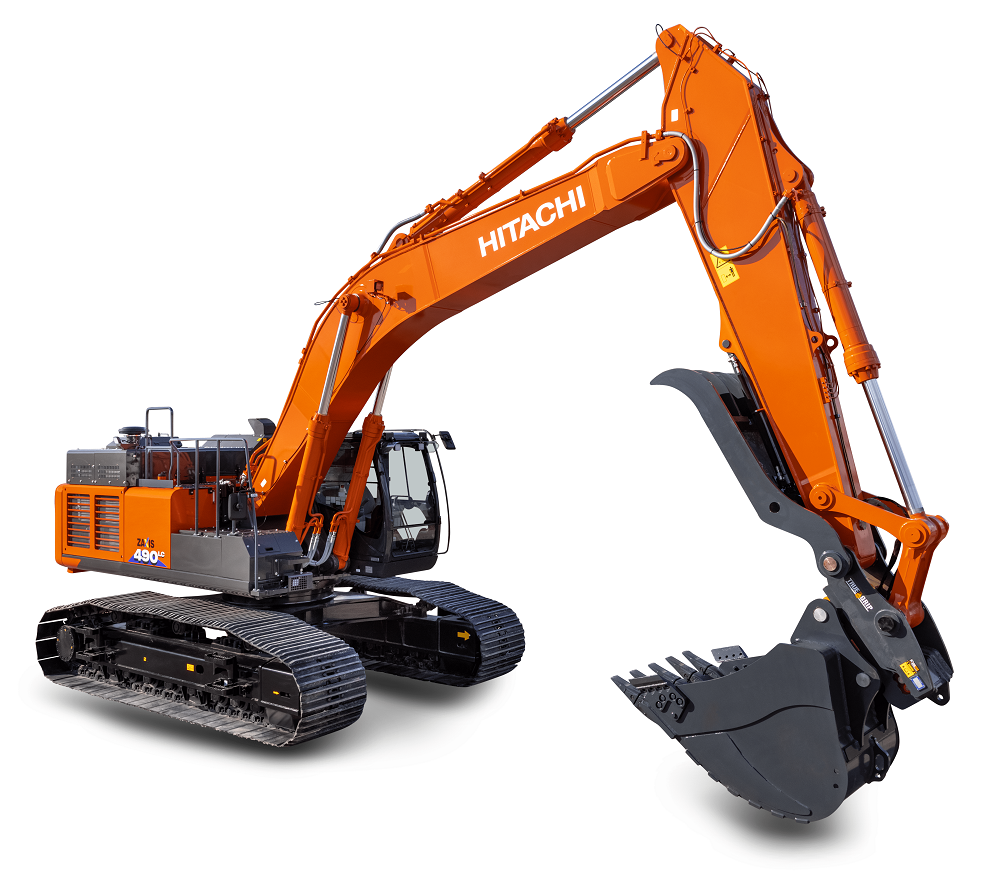 Orange Hitachi ZX490LC-6 excavator with black tracks, black bucket, and black cab on a transparent background.