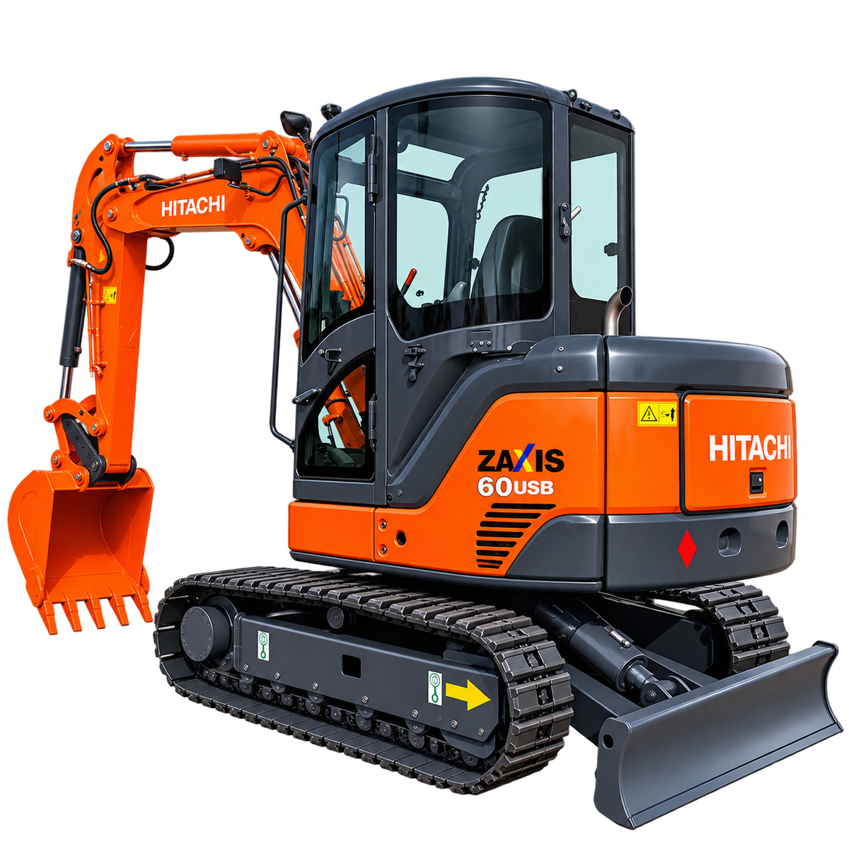 Orange Hitachi ZX60USB-3 excavator with black rubber tracks, orange digging bucket, enclosed cab with tinted windows, dark gray counterweight, and front dozer blade on a transparent background.