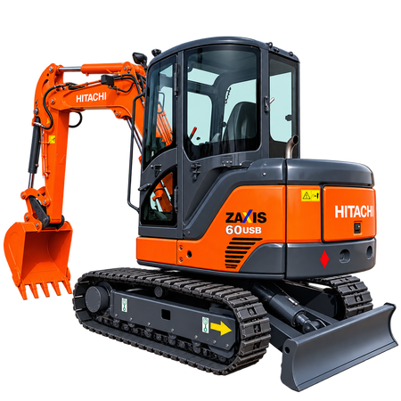 Orange Hitachi ZX60USB-3 excavator with black rubber tracks, orange digging bucket, enclosed cab with tinted windows, dark gray counterweight, and front dozer blade on a transparent background.