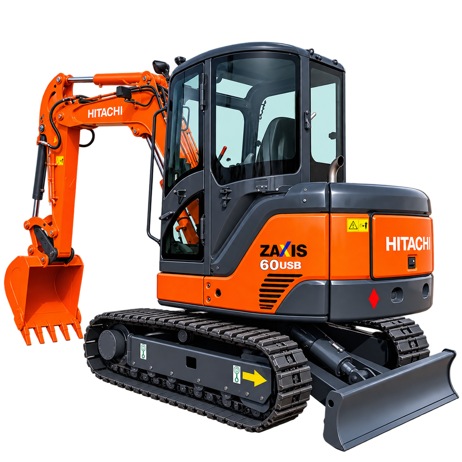 Orange Hitachi ZX60USB-3 excavator with black rubber tracks, orange digging bucket, enclosed cab with tinted windows, dark gray counterweight, and front dozer blade on a transparent background.