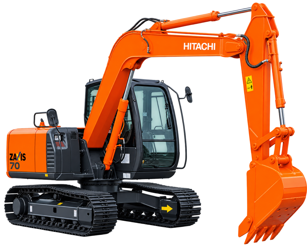 Orange Hitachi ZX70 excavator with black tracks, orange digging bucket, enclosed cab, and hydraulic boom on a transparent background.