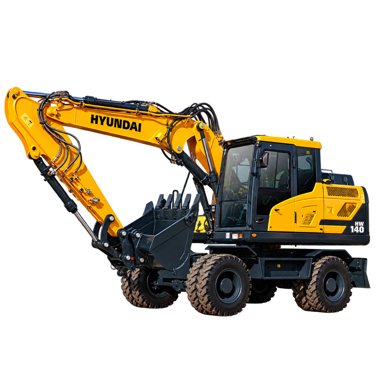 Yellow Hyundai HW140 wheeled excavator with black tires, enclosed cab, hydraulic boom, and black digging bucket on a transparent background.