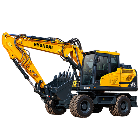Yellow Hyundai HW140 wheeled excavator with black tires, enclosed cab, hydraulic boom, and black digging bucket on a transparent background.