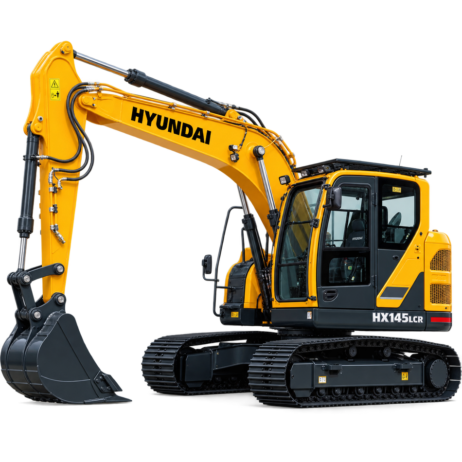 Yellow Hyundai HX145LCR excavator with black tracks, enclosed cab, yellow boom and arm, and black bucket on a transparent background.